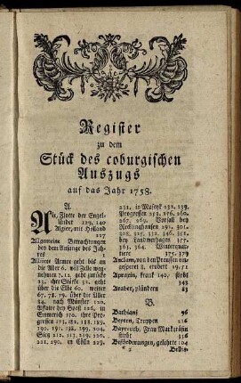 Register zu dem Stück des coburgischen Auszugs auf das Jahr 1758.
