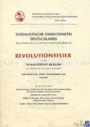 Programm einer Revolutionsfeier der SED anlässlich des 30. Jahrestages der Novemberrevolution