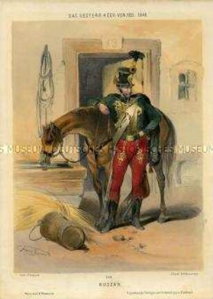 Uniformdarstellung, Husar beim Pferdestall, Österreich, 1835/1848. Tafel 109 aus: Gerasch: Das Oesterreichische Heer.