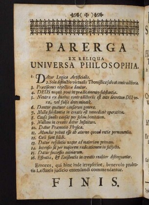 Parerga. Ex Reliqua Universa Philosophia