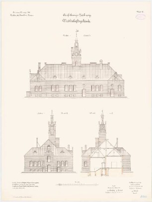 Kavalleriekaserne, Münster: Wirtschaftsgebäude: Aufriss Vorderansicht, Seitenansicht, Querschnitt 1:100