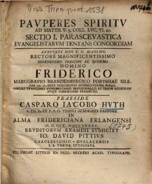 Pavperes Spiritv Ad matth. V. 3 Coll. Lvc. VI. 20, 1. Parascevastica Evangelistarum Tentans Concordiam
