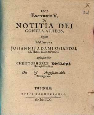 Exercitatio V. de notitia Dei contra Atheos