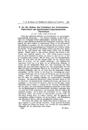 Dr. Th. Ziehen, Das Verhältnis der Herbartschen Psychologie zur psychologisch-experimentellen Psychologie