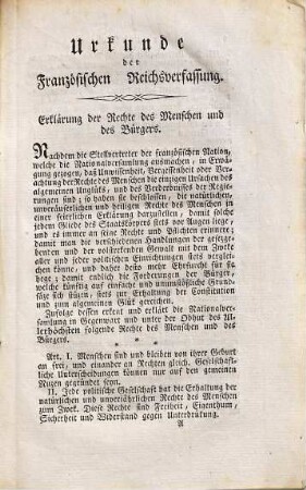 La Constitution Françoise : [Proclamée le 18 Septembre 1791 & jours suivans] = Urkunde der französischen Reichsverfassung