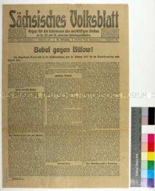 Sächsisches Volksblatt, 16. Jahrgang, mit Abdruck der Reichstagsrede August Bebels vom 26. Februar 1907