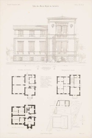 Villa des Herrn Mayer, Karlsruhe: Lageplan, Grundriss Keller, 1.OG, 2.OG, Ansicht von Süden (aus: Atlas zur Zeitschrift für Bauwesen, hrsg. v. G. Erbkam, Jg. 21, 1871)
