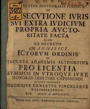 Dissertatio inauguralis iuridica de persecutione iuris sui, extra iudicium propria auctoritate facta