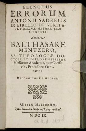 Elenchus Errorum Antonii Sadeelis In Libello De Veritate Humanae Naturae Jesu Christi