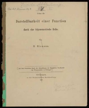 Ueber die Darstellbarkeit einer Function durch eine trigonometrische Reihe. [Habilitationsschrift], Göttingen, 1867