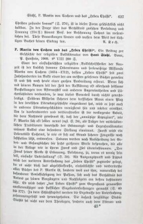 637-638 [Rezension] Stahl, Hans, P. Martin von Cochem und das "Leben Christi"