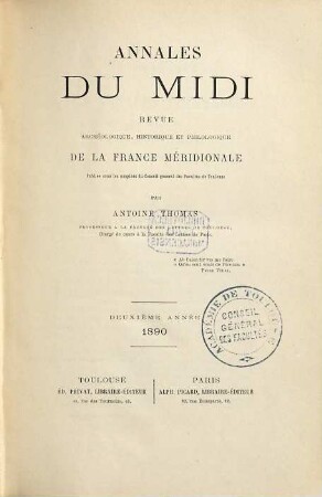 Annales du midi : revue archéologique, historique et philologique de la France méridionale. 2. 1890