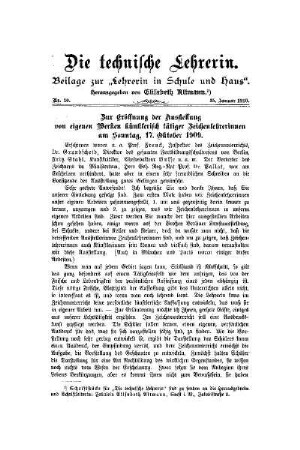 Zur Eröffnung der Ausstellung von eigenen Werken künstlerisch tätiger Zeichenlehrerinnen am Sonntag, 17. Oktober 1909