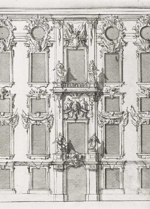 Matthäus Daniel Pöppelmann: Entwurf für die Erweiterung des Dresdner Schlosses, um 1712/13 : 2. Planung: Variante mit 3 Kuppeln, Ausschnitt: Aufriss der Mittelachse des rechten Seitenteils