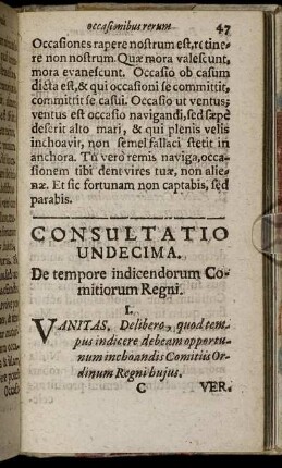 Consultatio Undecima. De tempore indicendorum Comitiorum Regni. - Consultatio Decima Quinta. De Commissionibus instituendis.