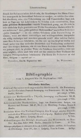 Bibliographie vom 1. August bis 15. September 1857.