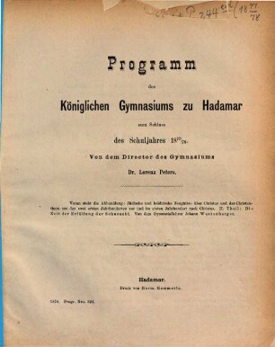 Programm des Königlichen Gymnasiums zu Hadamar : über das Schuljahr ..., 1877/78