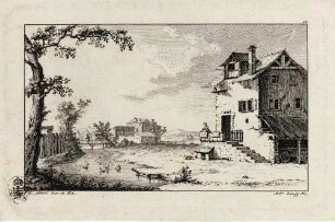 Serie von 14 Landschaften; Bl. 11: Im Vordergrund ein großes Haus, im Hintergrund eine Mühle
