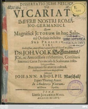 Dissertatio Iuris Publici De Vicariatu Imperii Nostri Romano-Germanici