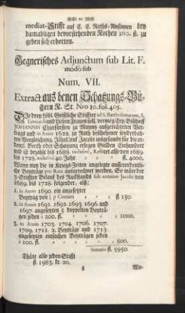 Gegnerisches Adiunctum sub Lit. F. modò sub Num. VII. Extract aus denen Schatzungs-Büchern R. St. Nro 10. fol. 405.