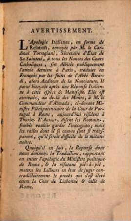 Réponse à la Relation envoyée par le Cardinal Torregiani ... (de) la expulsion du Cardinal Acciajuoli de la Cour ... de Portugal ...