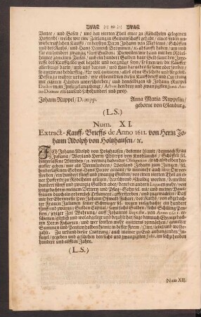 Num.XI. Extract-Kauff-Brieffs de Anno 1611. von Herrn Johann Adolph von Holtzhausen ...