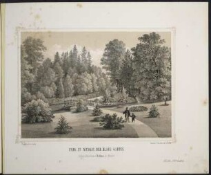 [Bl. 14] : Park zu Muskau. Der Blaue Garten, Stahlstich, um 1867 : Ansichten aus dem Park zu Muskau / [Naturz. u. lith. v. Arldt]. - Muskau i./d. Ober-Lausitz : Ahner ; Dresden : Braunsdorf , [circa 1867]. - [22] Bl. : überw. Ill. ; quer-8°. - Ausg. mit 21 Stahlstichen