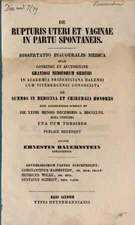 De rupturis uteri et vaginae in partu spontaneis : (Diss. inaug.)
