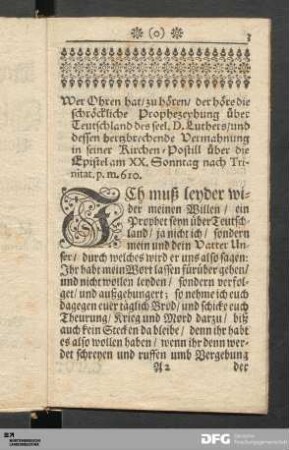 ...schröckliche Prophezeyhung über Teutschland des seel. D. Luthers und dessen hertzbrechende Vermahnung in seiner Kirchen-Postill...