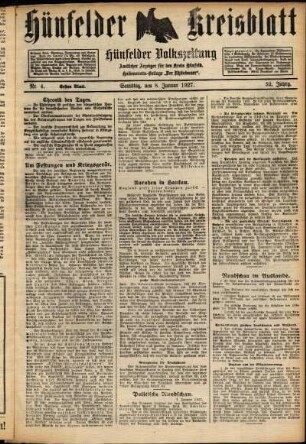 Erste Ausgabe vom Samstag, den 08. Januar 1927.