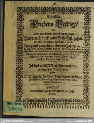 Christliche Friedens-Predigt, gehalten zu Waldenburg am Tage Claren 1650