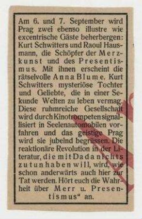Antidada. Prag. Ankündigung der Antidada-Merz-Presentismus-Tournee von Kurt Schwitters und Raoul Hausmann, Prag, 6./7. September 1921