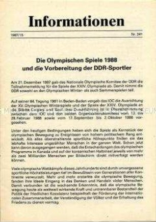 Parteiinformation der SED zu den Olympischen Spielen 1988