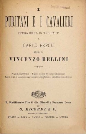 I puritani e i cavalieri : opera seria in tre parti