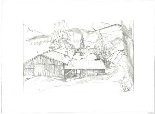 Gsaenger, Gustav; Dietfeld (Bayern); Landschafts- und Gebäudestudien - Häusergruppe, im Hintergrund Berglandschaft (Studie)