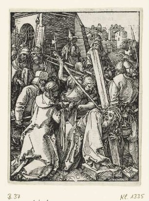 Kreuztragung, Blatt 22 aus: Albrecht Dürer, "Passio Christi ab Alberto Durer Nurenbergensi effigiata cum varij generis carminibus Fratris Benedicti Chelidonij Musophili", Nürnberg 1511, [ohne Kustode]