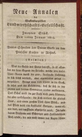 Zweytes Stück. Den 10ten Januar 1815.