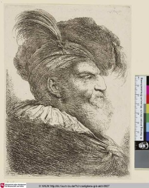 Un homme à barbe assez longue, vu de profil et tourné vers la droite [Kopf eines bärtgien Mannes mit orientalischem Kopfschmuck im Profil nach rechts]