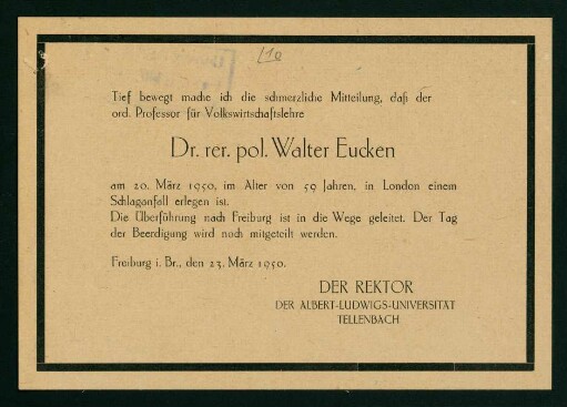 Mitteilung über Sterbefall Euckens (23.03.1950)