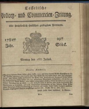 1781tes Jahr. 29tes Stück. Montag den 16ten Julius