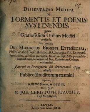 Diss. med. de tormentis et poenis sustinendis