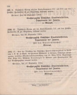 99. Ministerialbekanntmachungen, betreffend die Einziehung von Diphtherie-Serum