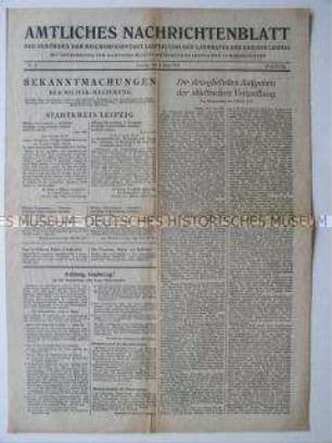 Nachrichtenblatt der Leipziger Behörden: Befehle der Militärregierung (Bankverkehr für Löhne ..); Wiederinbetriebnahme Gasnetz; wiederzugelassene Anwälte (Liste)