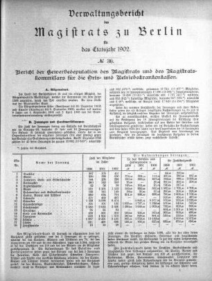 No. 30. Bericht der Gewerbedeputation des Magistrats und des Magistrats-Kommissars für die Orts- und Betriebskrankenkasen