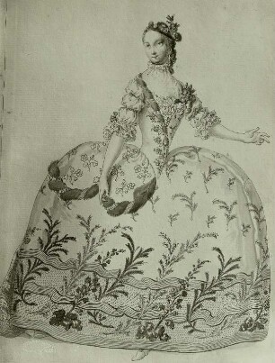Caterina Pilaja als Argene in "L'Olimpiade" von Metastasio und Hasse. Hoftheater Dresden, Uraufführung 16. Februar 1756. Federzeichnung von F. Ponte, Blatt 4 in: Vestiarium der Oper "L'Olimpiade". Dresden: Kupferstich-Kabinett Ca 105
