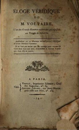 Eloge veridique de M. Voltaire