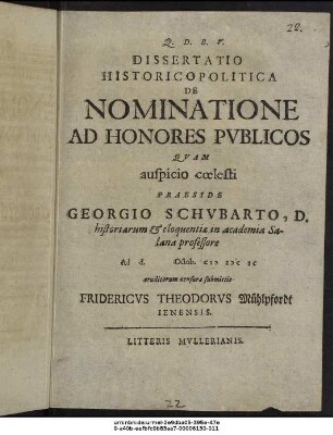 Dissertatio Historicopolitica De Nominatione Ad Honores Publicos