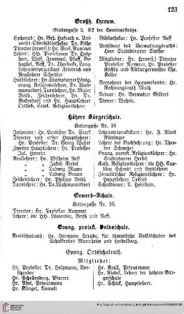 Großh. Lyceum, Höhere Bürgerschule, Gewerbschule, Evangel. protest. Volksschule, Großh. Kreisschulrath, Evangel. Ortsschulrath