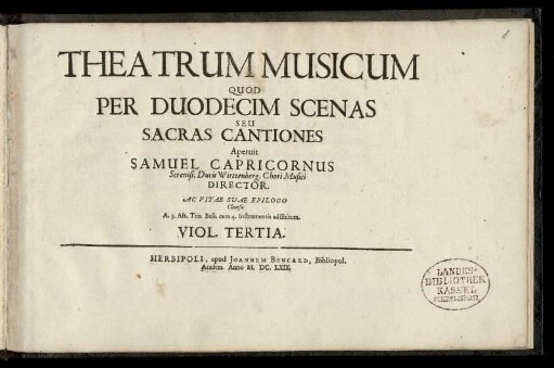 Theatrum musicum ... sacras cantiones ... Viol.[a da Gamba] Tertia