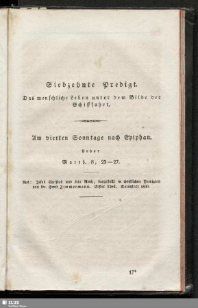 Siebzehnte Predigt. Das menschliche Leben unter dem Bilde der Schifffahrt